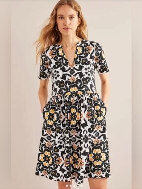 Boden Black Easy Notch Neck Jersey Dress Floral 100% Cotton Size 12